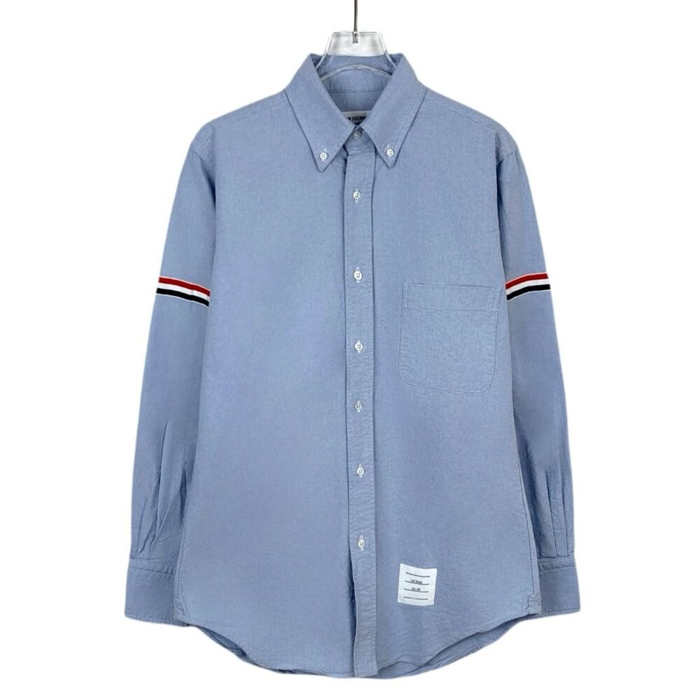 CM0371 Thom Browne Button-Up Shirt In Light Blue With Signature Stripe Accents C